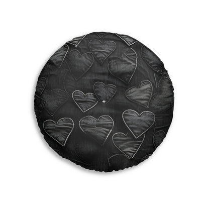 Black: Distressed Denim-Inspired Fabric Heart Embroidery Design - Tufted Floor Pillow, Round