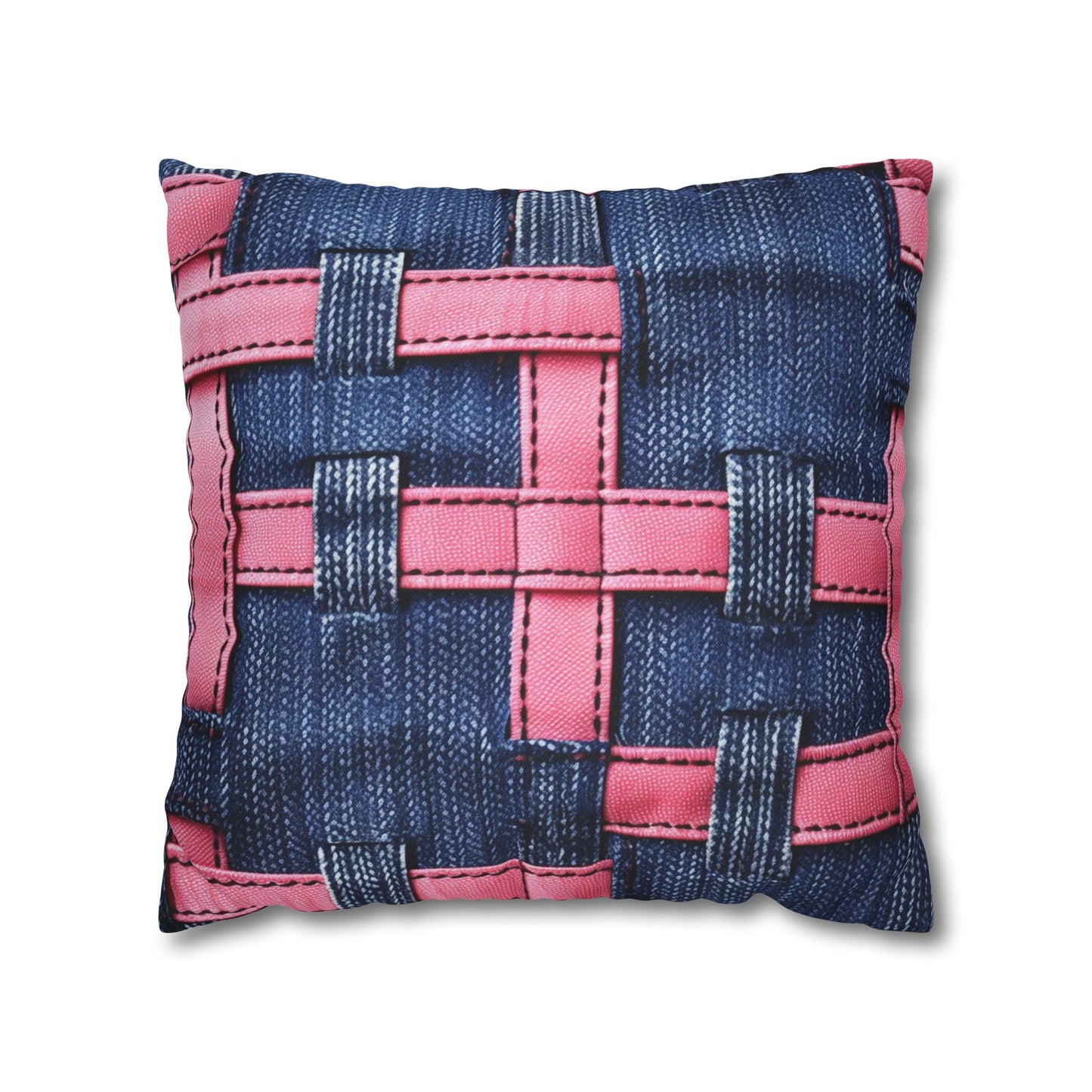 Candy-Striped Crossover: Pink Denim Ribbons Dancing on Blue Stage - Spun Polyester Square Pillow Case