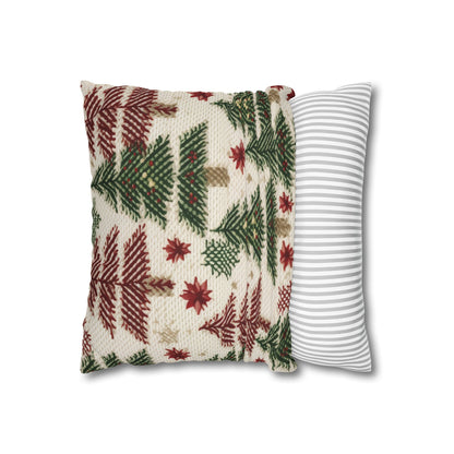 Embroidered Christmas Winter, Festive Holiday Stitching, Classic Seasonal Design - Spun Polyester Square Pillow Case