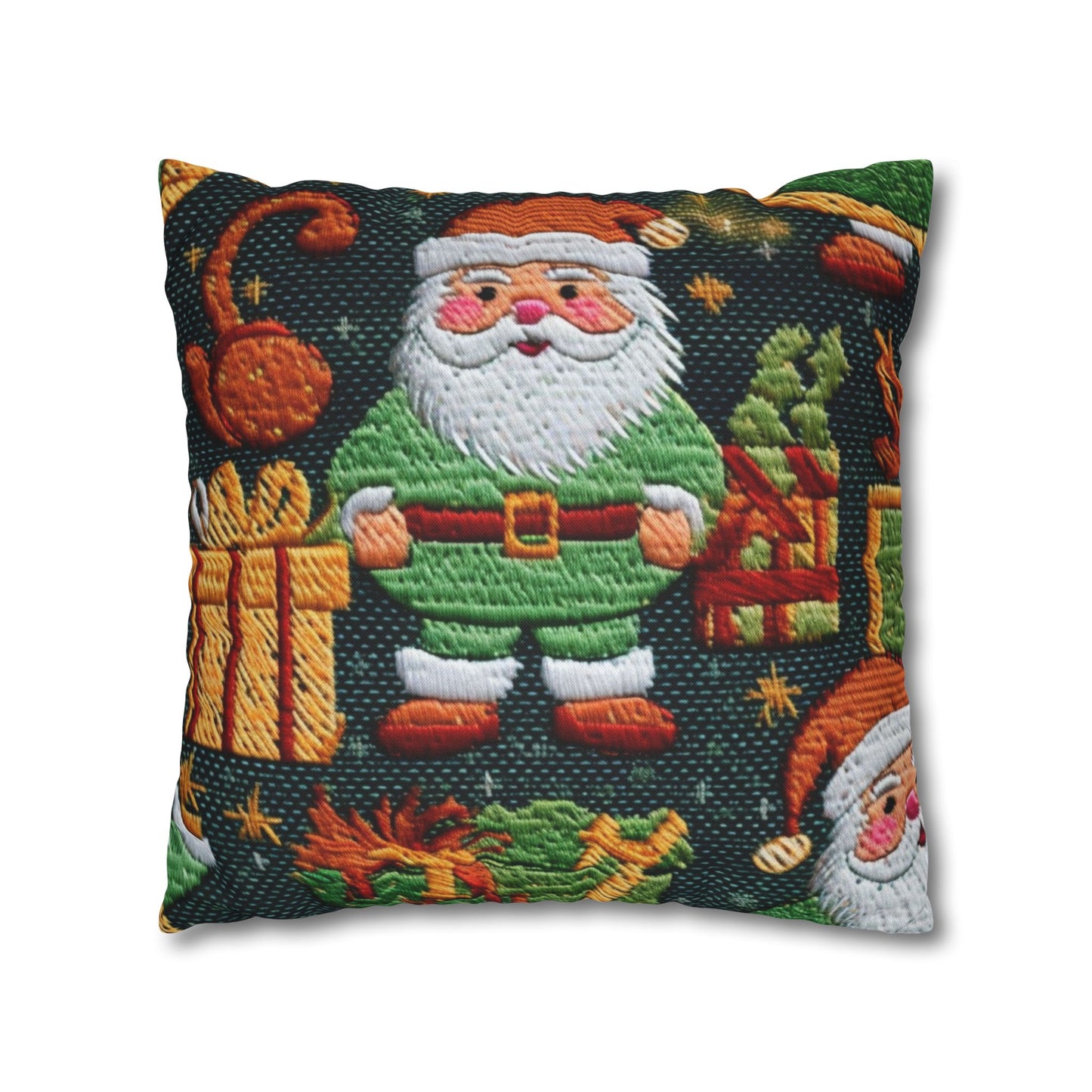 Christmas Santa Claus - Embroidered Presents - Festive Winter Wonderland - Deck the Halls Design - Spun Polyester Square Pillow Case