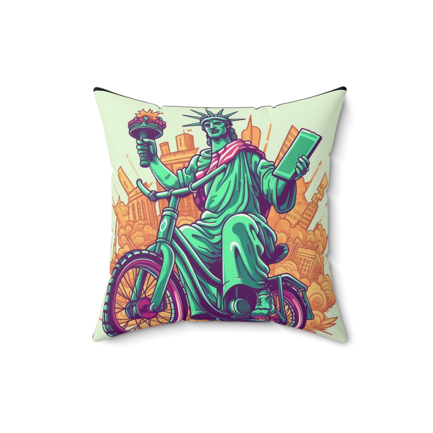 Statue of Liberty Cyclist Bike Rider American Graphic Spun Polyester Square Pillow