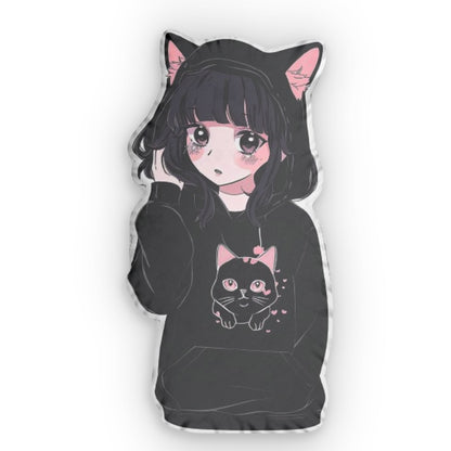 Gothic Cat Girl, Anime Black Cat Hoodie Design, Cute Manga Kitten, Dark Feline Fashion Illustration, Whimsical Cat Lover Art, Shaped Pillow