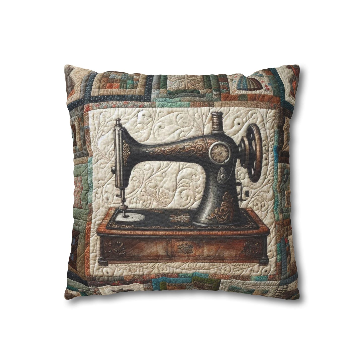 Quilted Sewing Machine, Tailor Craft Patchwork, Heirloom Textile Art - Spun Polyester Square Pillow Case