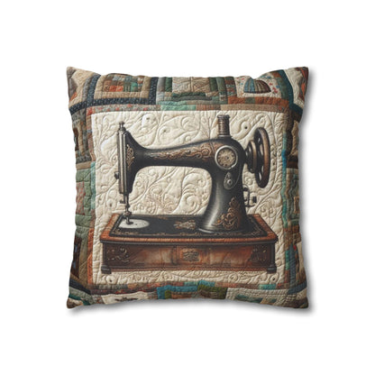 Quilted Sewing Machine, Tailor Craft Patchwork, Heirloom Textile Art - Spun Polyester Square Pillow Case