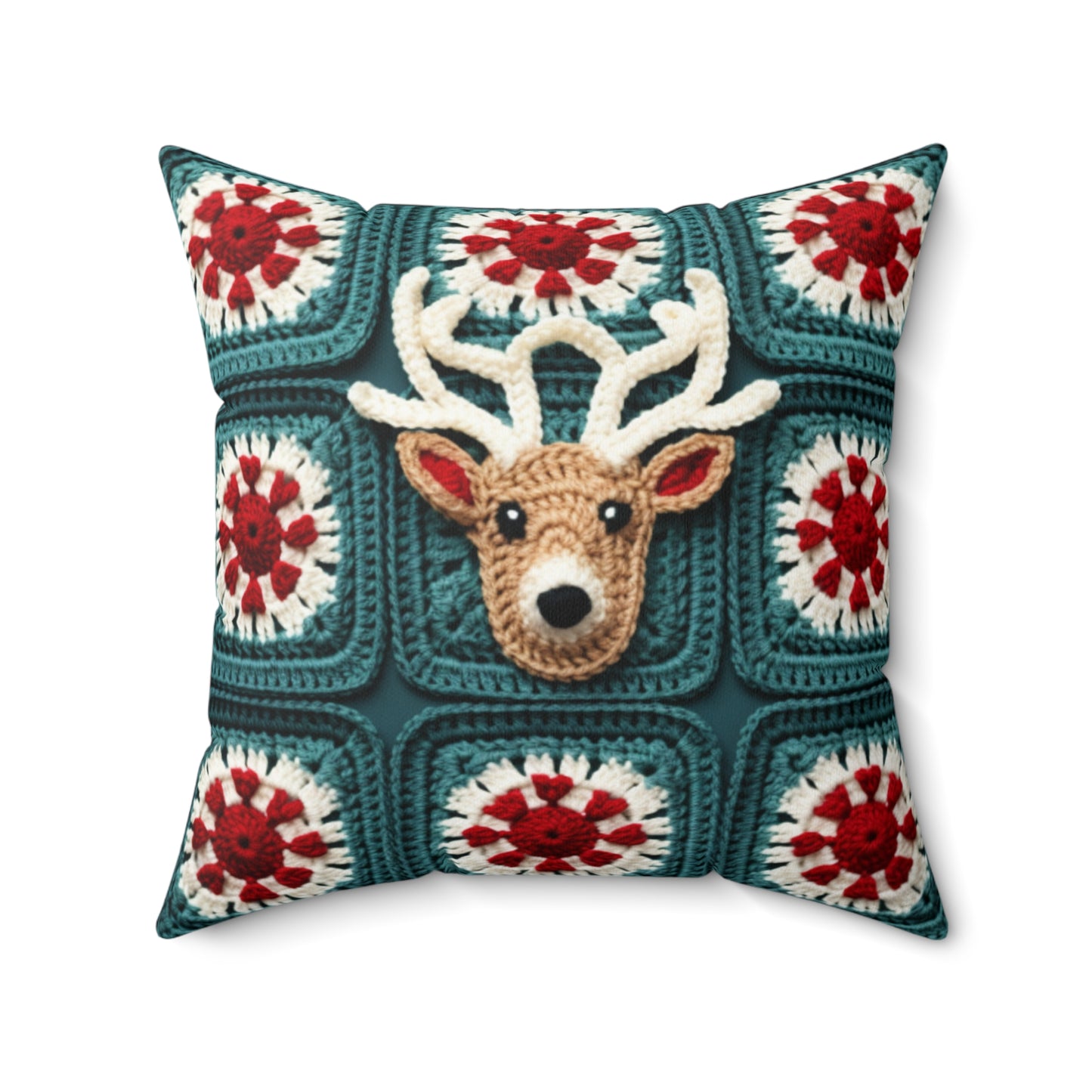 Christmas Reindeer Crochet, Wintry Wonderland Design, Festive Stag Motif. Embrace the Holiday Spirit - Spun Polyester Square Pillow