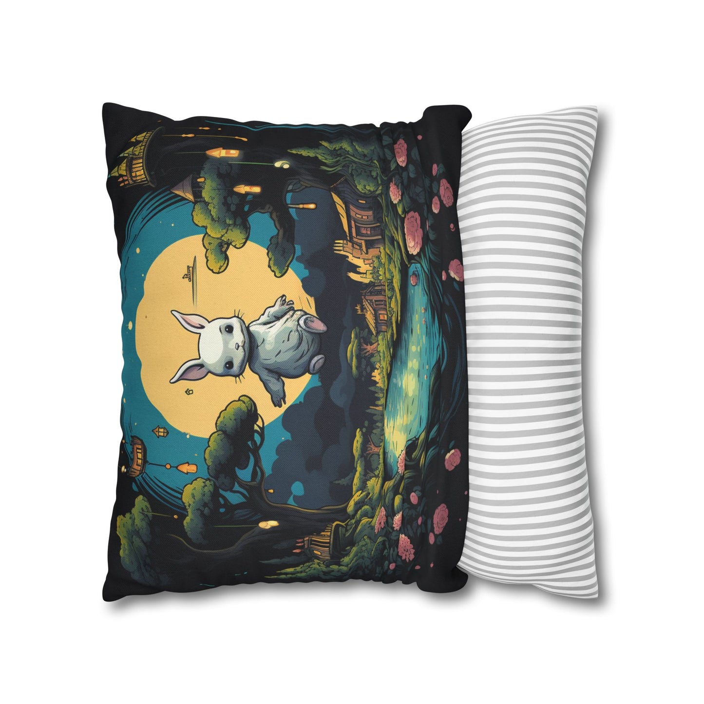 White Rabbit Mystery Psychedelic Fantasy Anime Cartoon Bunny - Spun Polyester Square Pillow Case