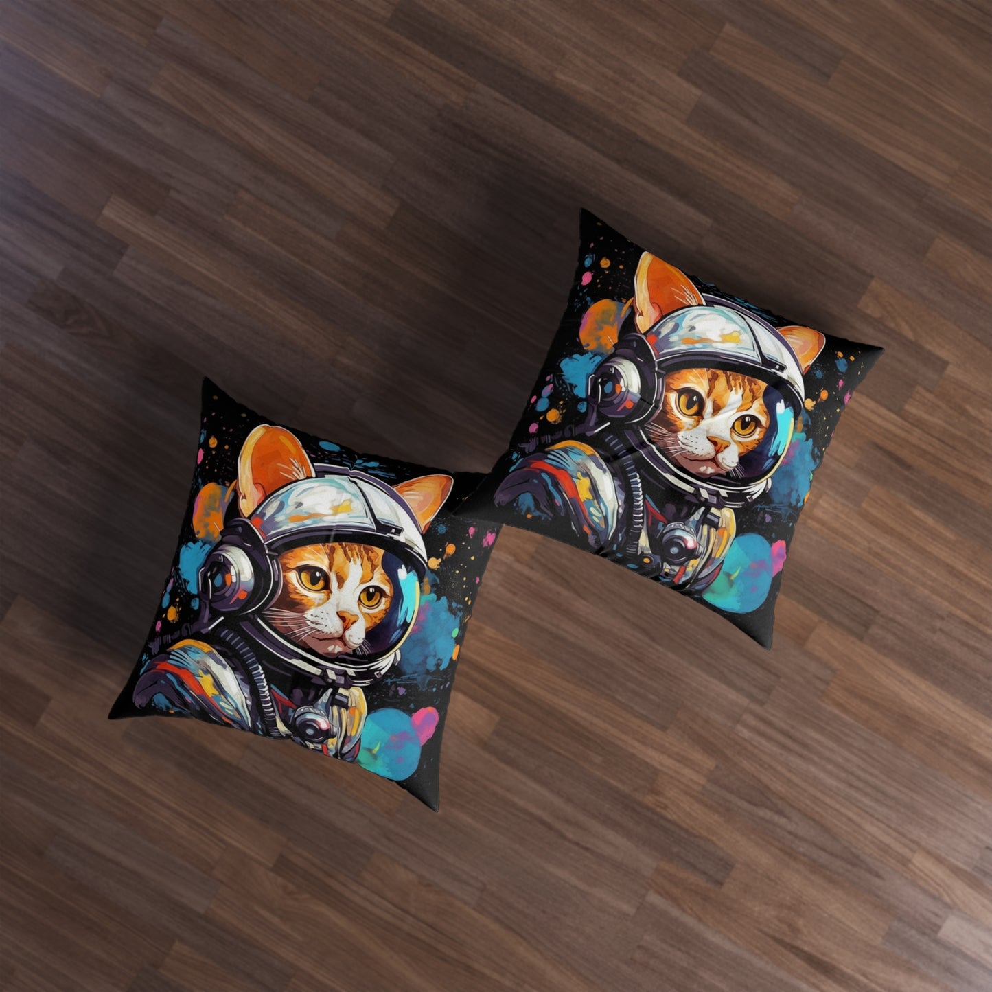 Astro Cat Adventure Feline - Pop Art, Floating in Cosmic Space - Tufted Floor Pillow, Square