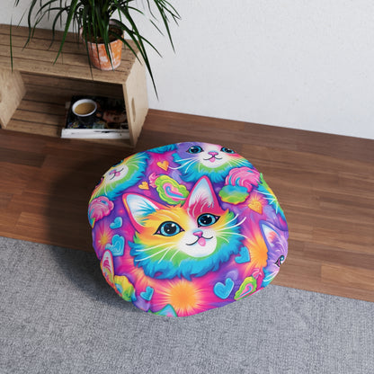 Happy Kitten & Cat Design - Vivid, Colorful & Eye-Catching - Tufted Floor Pillow, Round