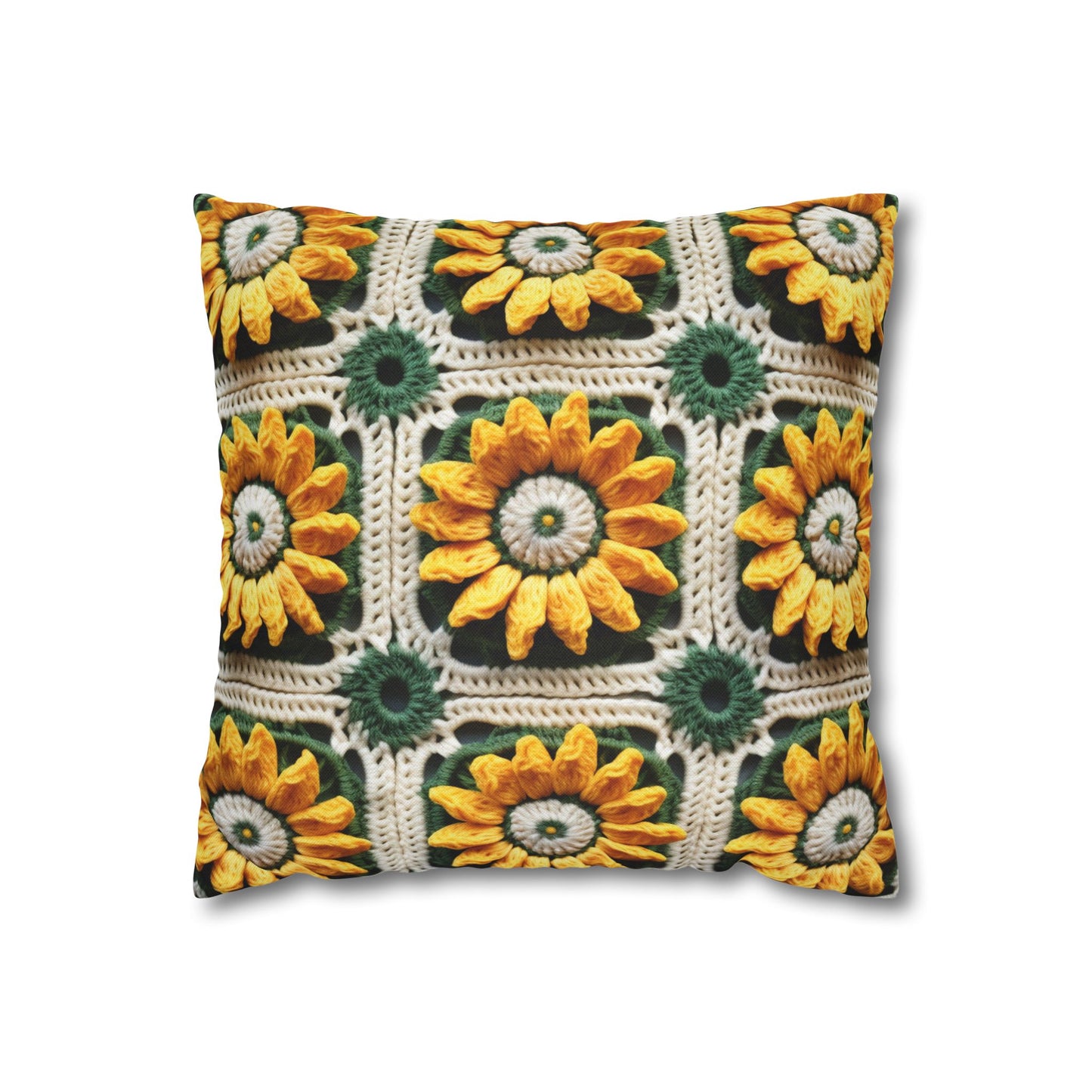 Sunflower Crochet Elegance, Granny Square Design, Radiant Floral Motif. Bring the Warmth of Sunflowers to Your Space - Spun Polyester Square Pillow Case