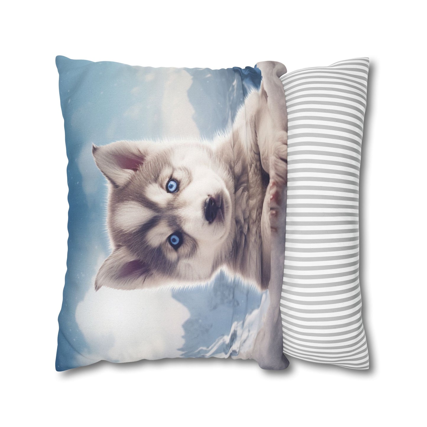 Husky Puppy Winter Wonder - Snowy Mountain Backdrop Spun Polyester Square Pillow Case