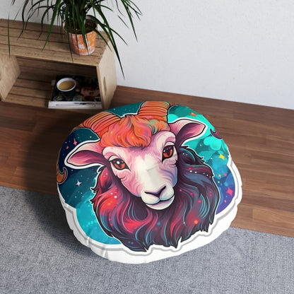 Aries Zodiac Sign - Vivid & Bright Color Cosmic Astrology Symbol - Tufted Floor Pillow, Round