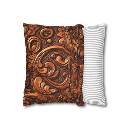 Leather Flower Cognac Classic Brown Timeless American Cowboy Design - Spun Polyester Square Pillow Case