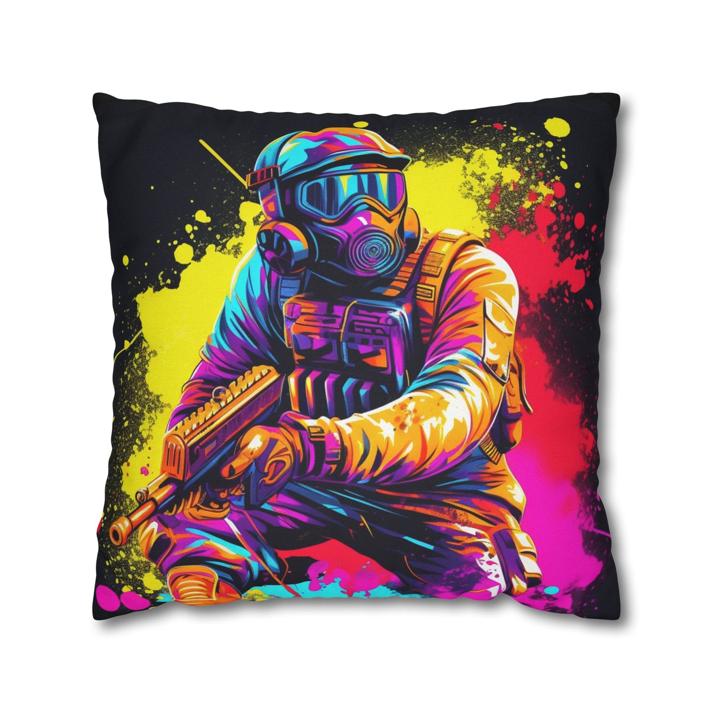 Paintball Action Sport: Player in Battle, Paint Splatter - Spun Polyester Square Pillow Case