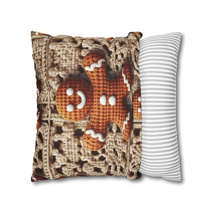 Rustic Gingerbread Delights: Christmas Crochet Gingerbread Men on Classic Beige Granny Squares - Spun Polyester Square Pillow Case