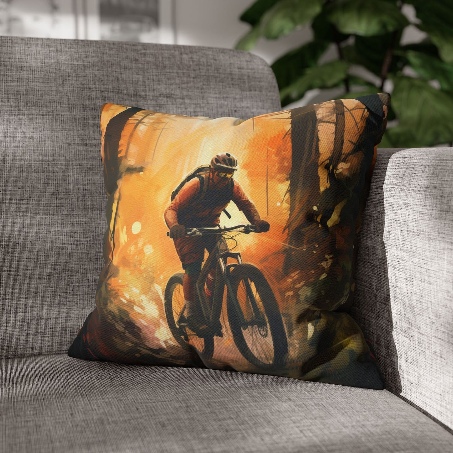 Mountain Bike Adventure - Forest Trail Graphic Spun Polyester Square Pillow Case