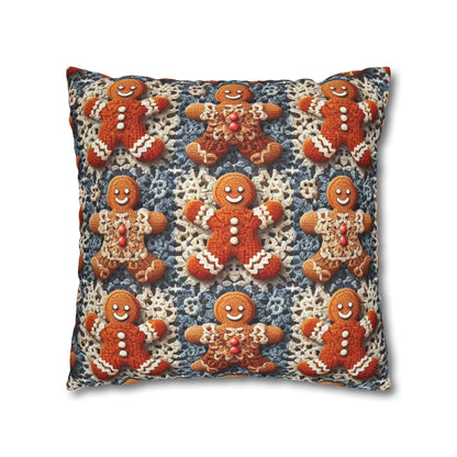 Gingerbread Joy: Whimsical Crocheted Gingerbread Men Pattern with Festive Christmas Accents - Spun Polyester Square Pillow Case