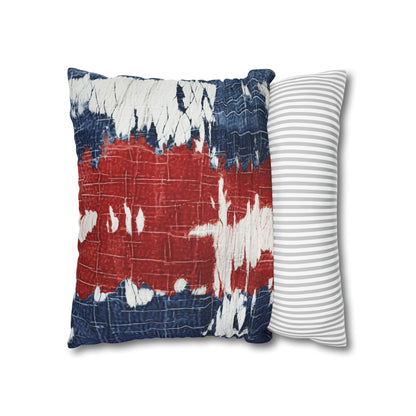 Patriotic Red, White & Blue: Distressed Denim-Style, Torn Fabric - Spun Polyester Square Pillow Case