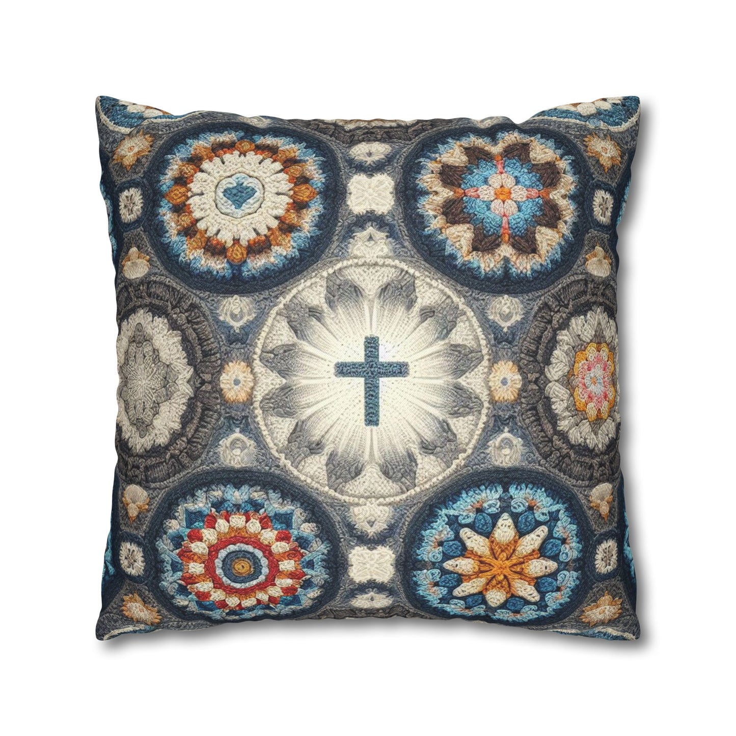 Bohemian Crochet Mandala with Centered Christian Cross - Earthy Tones Mosaic - Spun Polyester Square Pillow Case