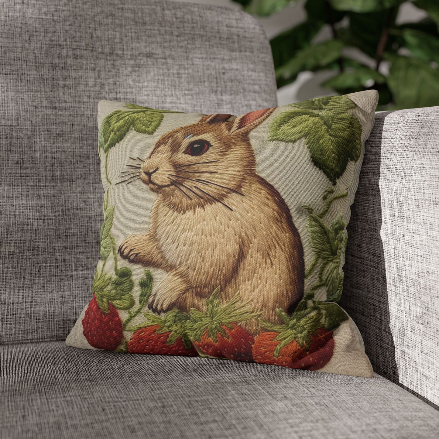 Strawberry Bunny Rabit - Embroidery Style - Strawberries Fruit Munchies - Easter Gift - Spun Polyester Square Pillow Case