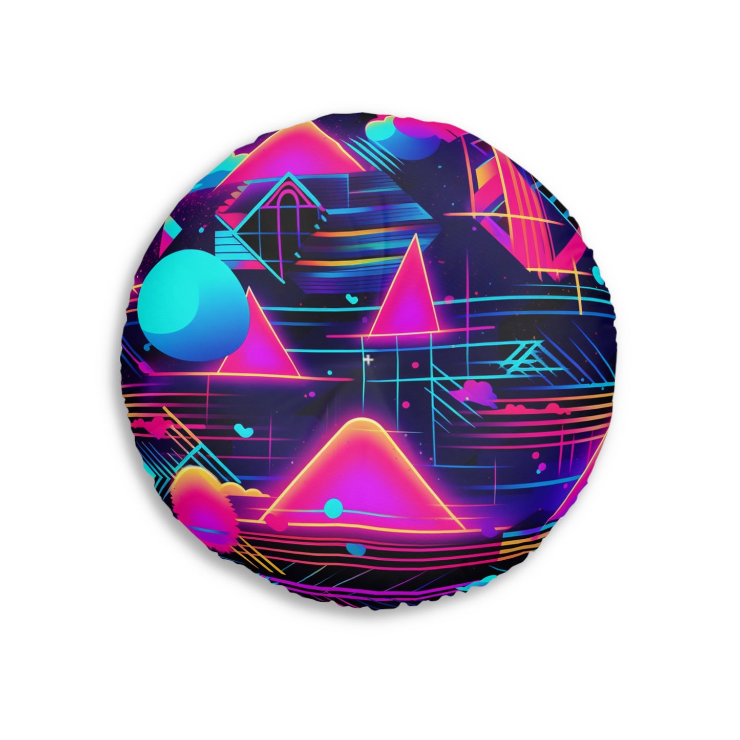 80s Synthwave Retro-Futuristic Inspired Pattern Design Tufted Floor Pillow, Round