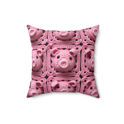 Crochet Pig Farm Animal Pink Snout Piggy Pattern - Spun Polyester Square Pillow