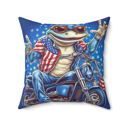 Frog Motorcycle Rider 4th of July USA Patriotic American Graphic Spun Polyester Square Pillow