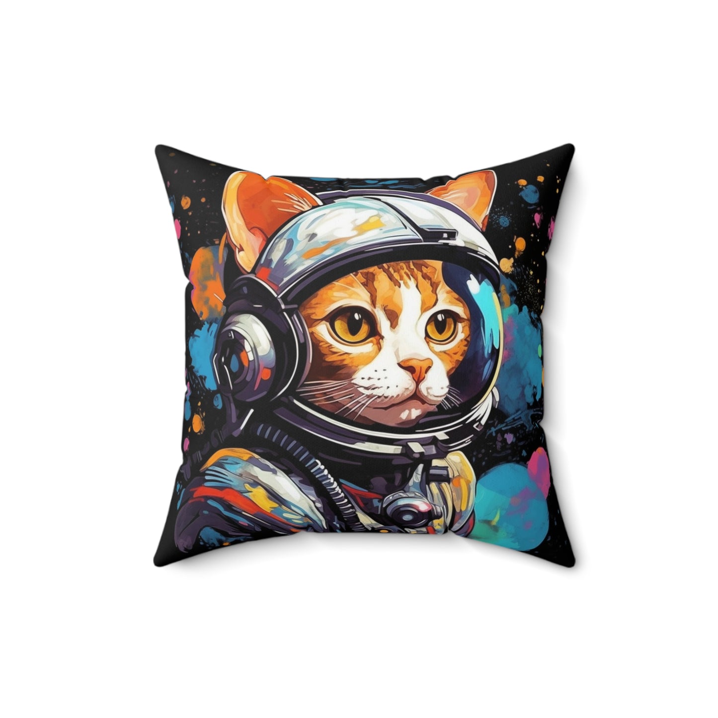 Astro Cat Adventure Feline - Pop Art, Floating in Cosmic Space - Spun Polyester Square Pillow