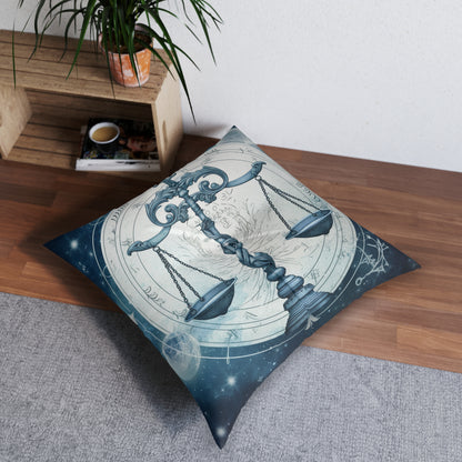 Blue Tones Libra Zodiac Cosmic Astro - Balance Scale & Symbols - Tufted Floor Pillow, Square