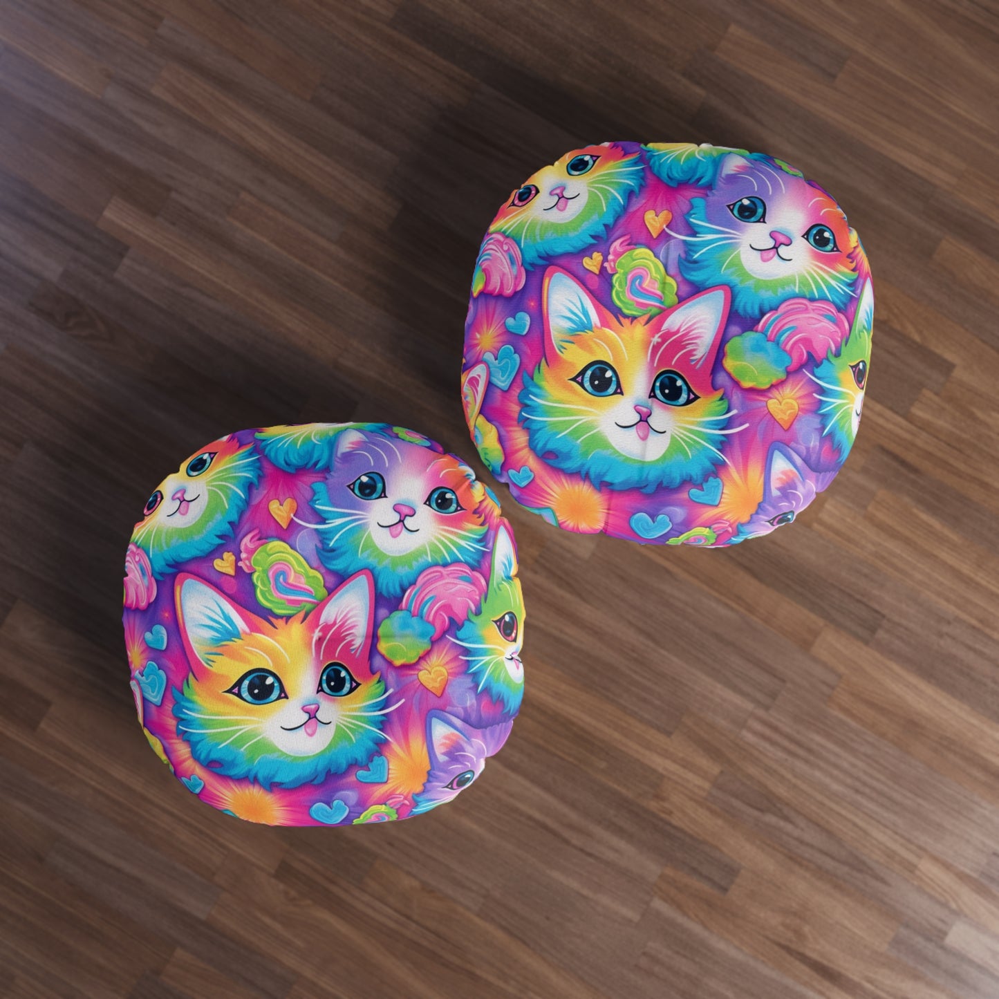 Happy Kitten & Cat Design - Vivid, Colorful & Eye-Catching - Tufted Floor Pillow, Round