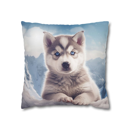 Husky Puppy Winter Wonder - Snowy Mountain Backdrop Spun Polyester Square Pillow Case