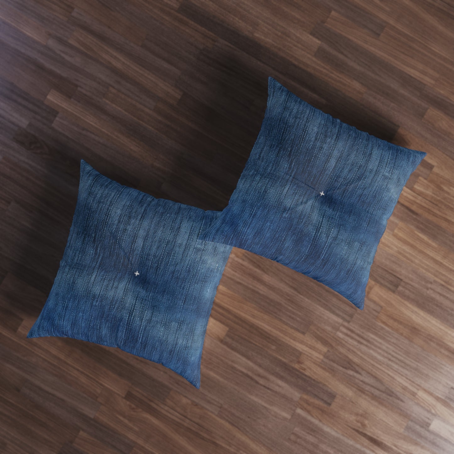 Indigo Splash: Washed Denim Reverie in Deep Blue - Tufted Floor Pillow, Square