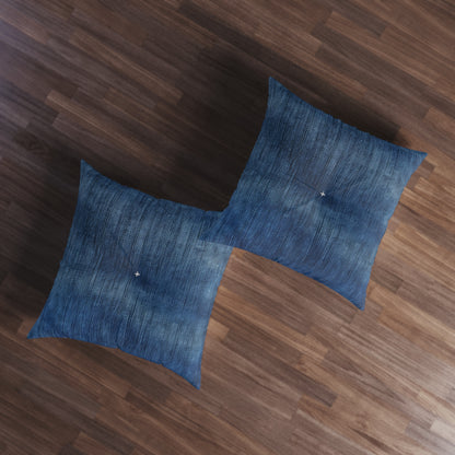 Indigo Splash: Washed Denim Reverie in Deep Blue - Tufted Floor Pillow, Square