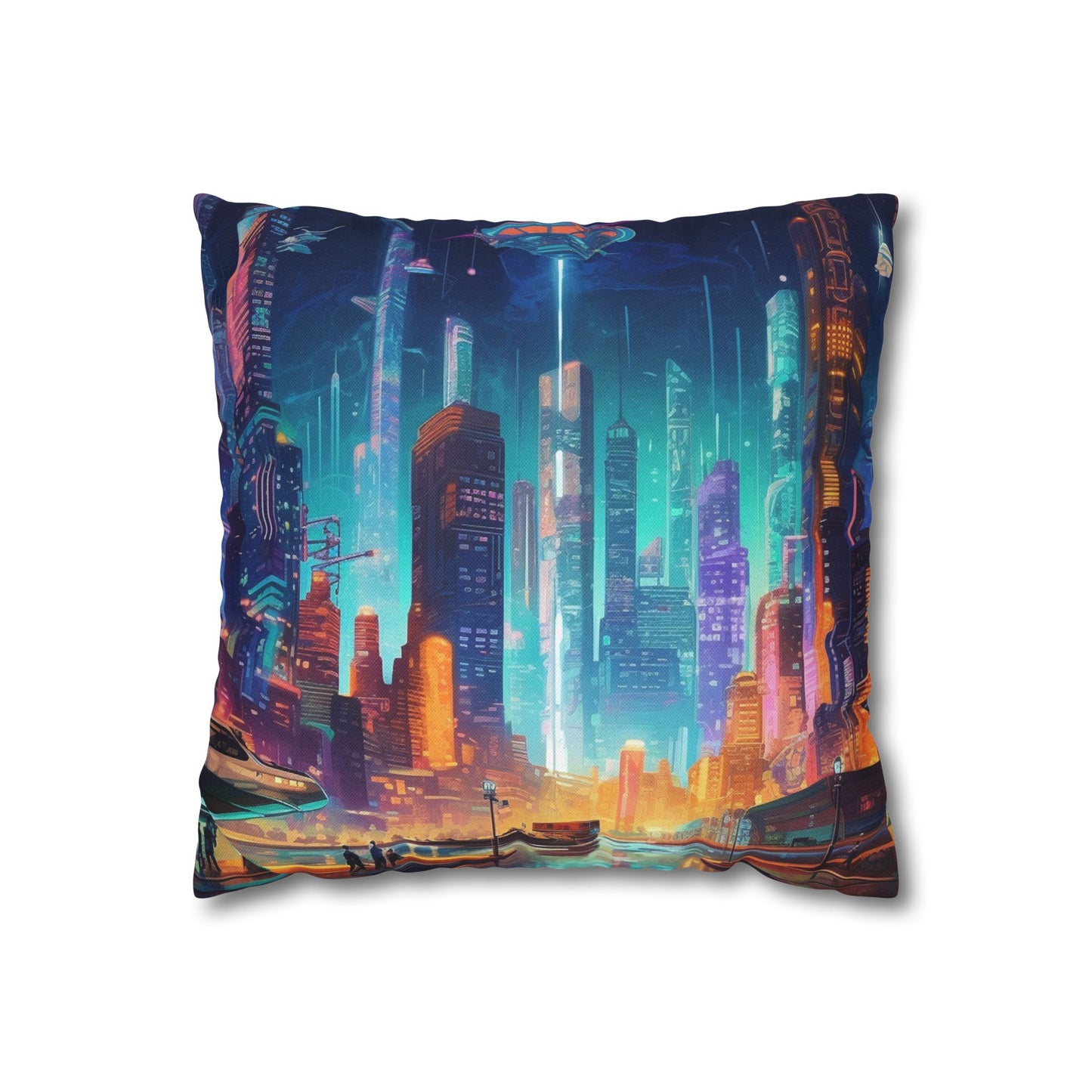 Futuristic Neon Cyberpunk Cityscape Art Design Spun Polyester Square Pillow Case