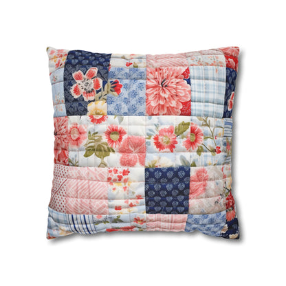 Floral Harmony Quilt, Blossom Patchwork, Blue and Pink Quilted Patterns, Garden Quilt, Soft Pastel Quilting Squares Design - Spun Polyester Square Pillow Case