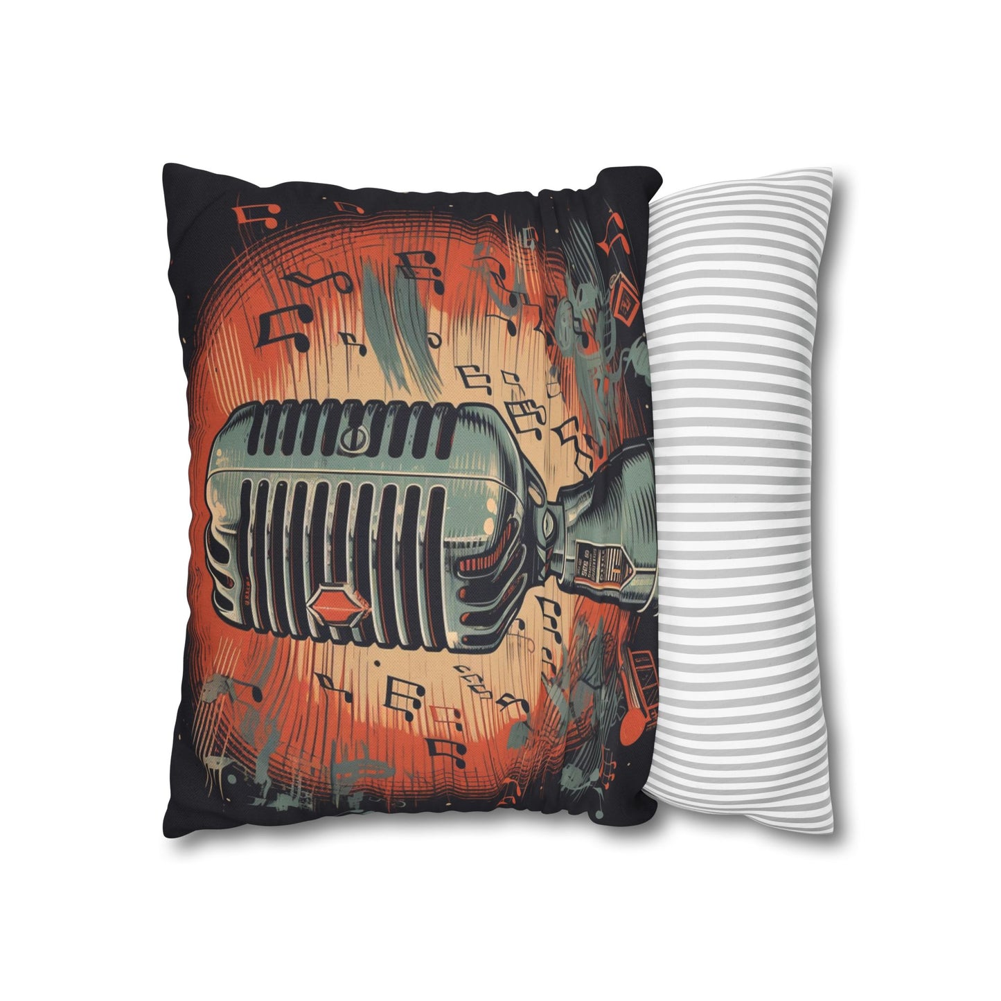 Retro Microphone & Music Notes - Vintage Style Design Spun Polyester Square Pillow Case