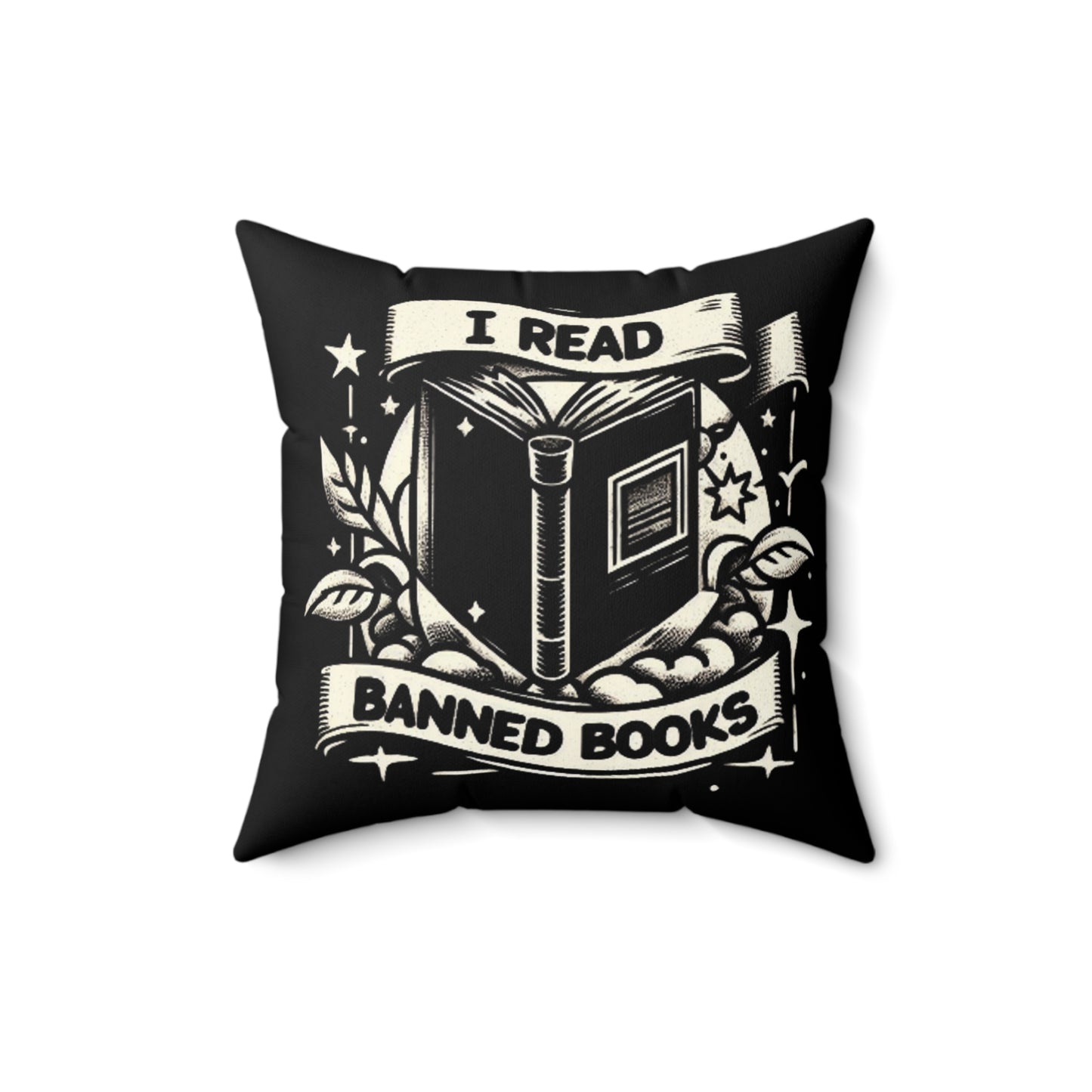 I Read Banned Books - Monochrome Crest with Stars and Laurel - Spun Polyester Square Pillow