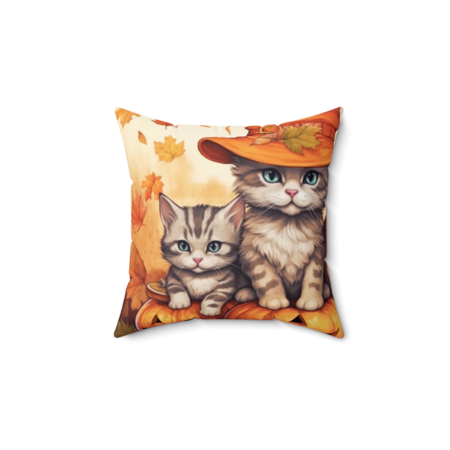 Kitty Cat Kittens Halloween - Cute Furries on Pumpkin - Festive Feline Decor - Spun Polyester Square Pillow