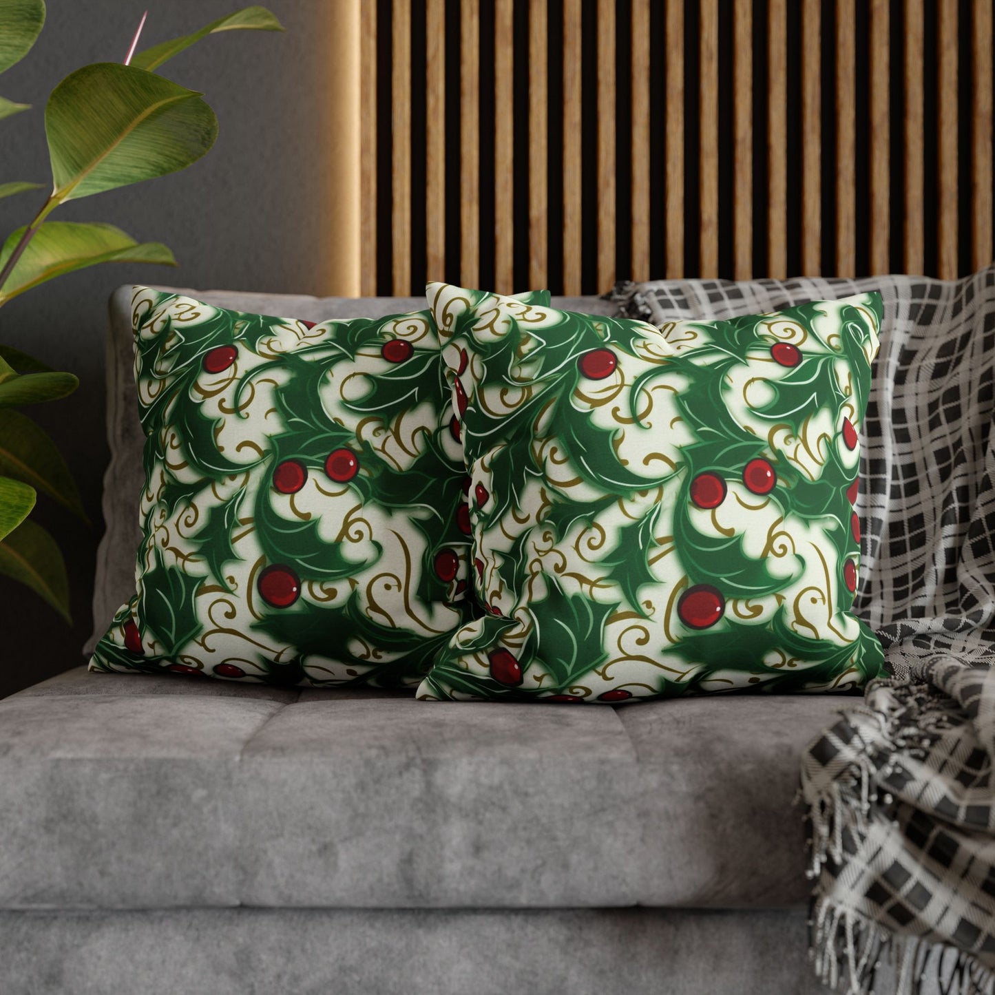 Holiday Elegance: Christmas Holly Swirls Design - Spun Polyester Square Pillow Case