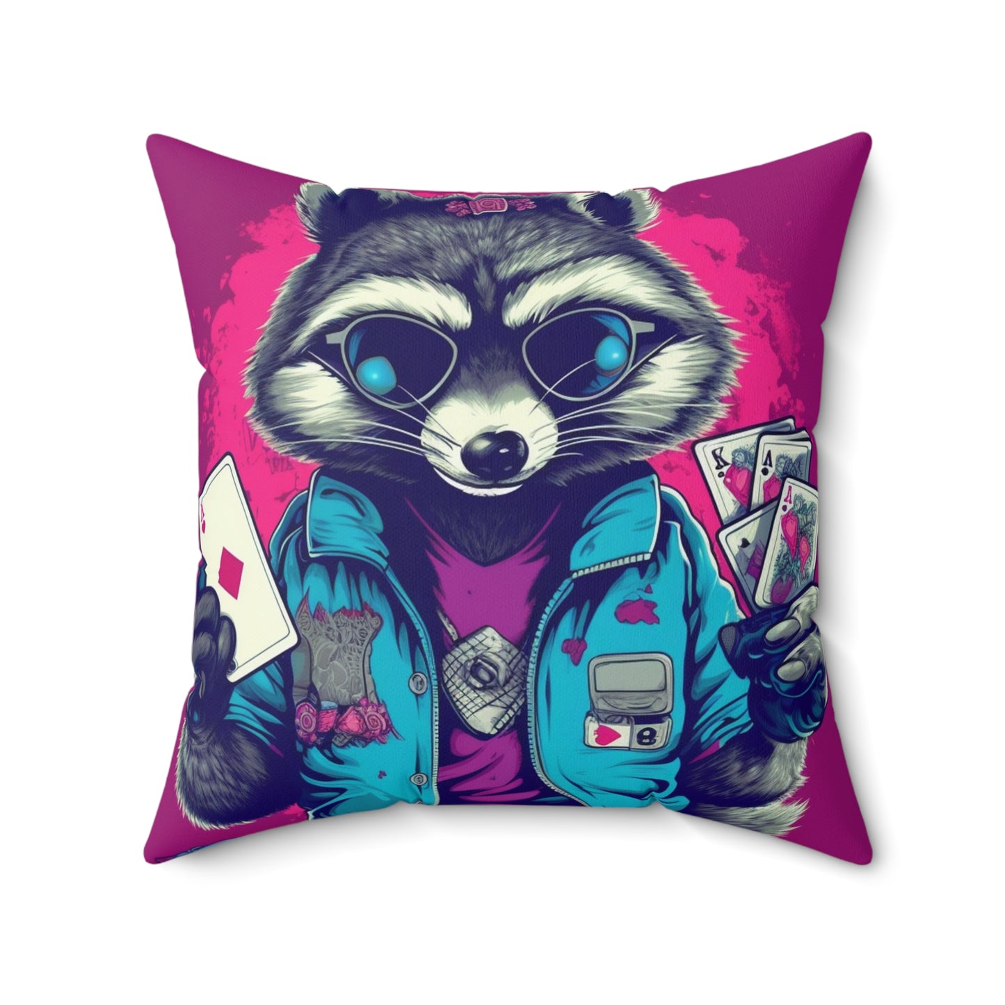 Raccoon Poker Card Player Furry Champion Spun Polyester Square Pillow