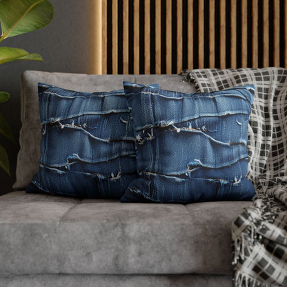 Midnight Blue Distressed Denim: Rugged, Torn & Stylish Design - Spun Polyester Square Pillow Case