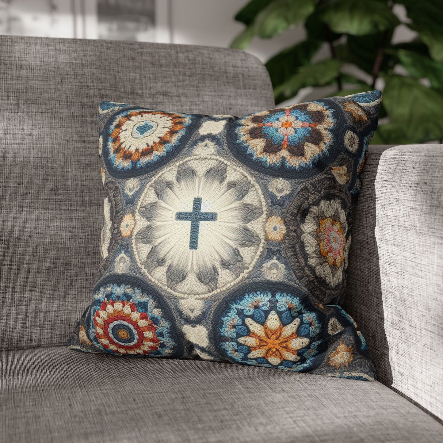 Bohemian Crochet Mandala with Centered Christian Cross - Earthy Tones Mosaic - Spun Polyester Square Pillow Case