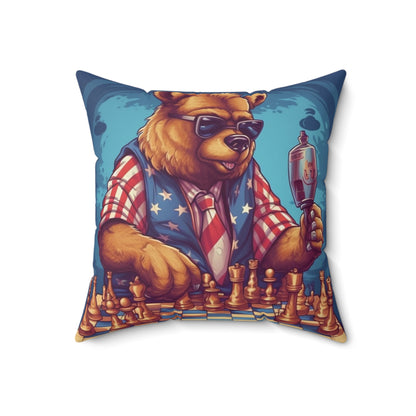 Checkmate Patriotism: Patriotic Bear's Chess Game 4th of July Style Spun Polyester Square Pillow