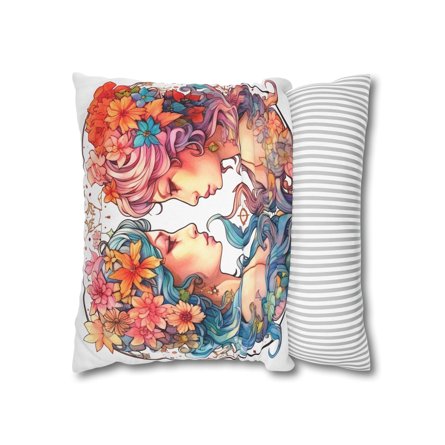 Zodiac Gemini Clipart - Twins Symbol, Whimsical Comic Style - Spun Polyester Square Pillow Case