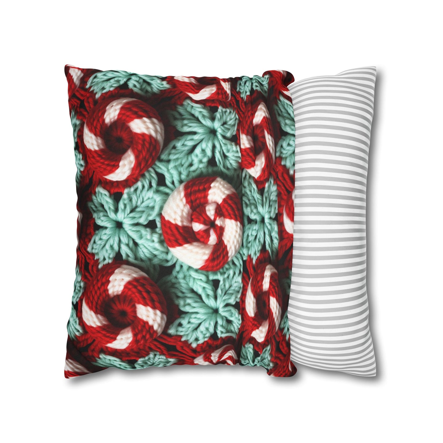 Christmas Crochet Candy Cane - Pepper Red Crystal White Holiday Pattern - Spun Polyester Square Pillow Case