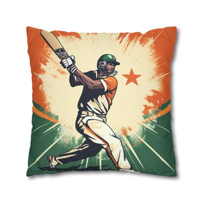 India Cricket Star: Batsman With Willow Bat, National Flag Style - Sport Game - Spun Polyester Square Pillow Case