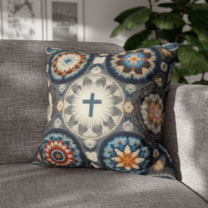 Bohemian Crochet Mandala with Centered Christian Cross - Earthy Tones Mosaic - Spun Polyester Square Pillow Case