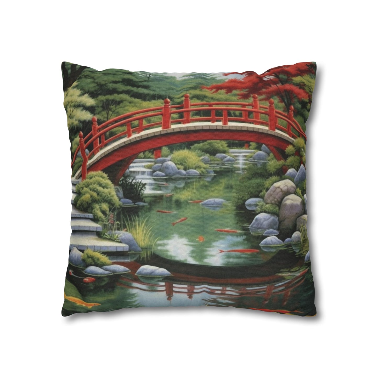 Japanese Garden Art - Tranquil Koi Pond Red Bridge Spun Polyester Square Pillow Case