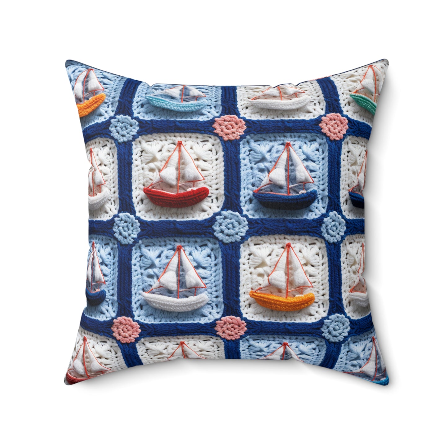 Crochet Boat Ship Sea Vessel Ocean Beach Travel Yacht Design - Spun Polyester Square Pillow