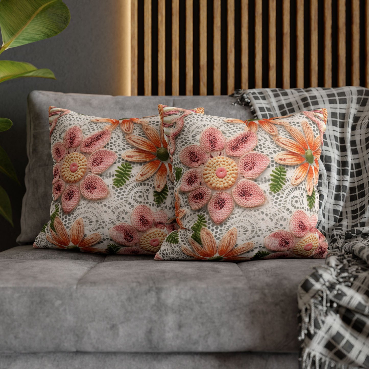 Floral Embroidered Eyelet: Delicate Flower Elegant Pattern - Spun Polyester Square Pillow Case