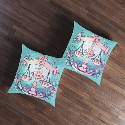 Libra Astrology - Soft Lighting & Pastel Zodiac Sign Symbol - Tufted Floor Pillow, Square